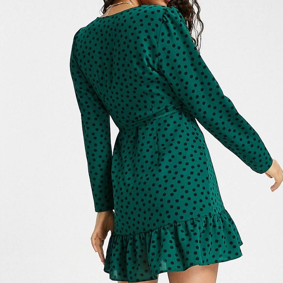 Green Polka Dot Long Sleeve Wrap Dress - Picture 3 of 3